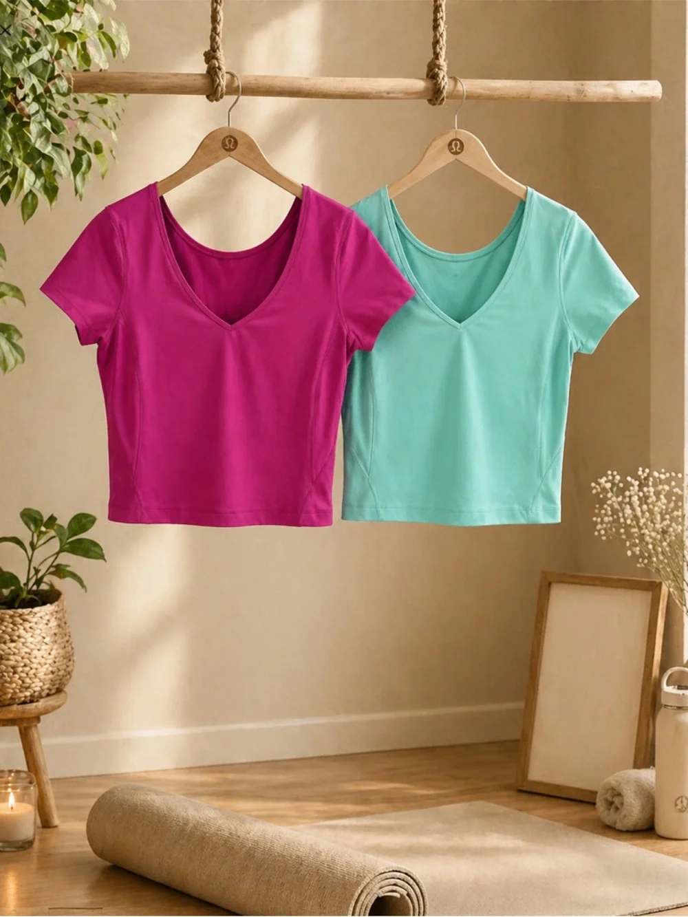 lululemon athletica V-Neck Short Sleeve Crop Top bundle in Fuchsia and Mint